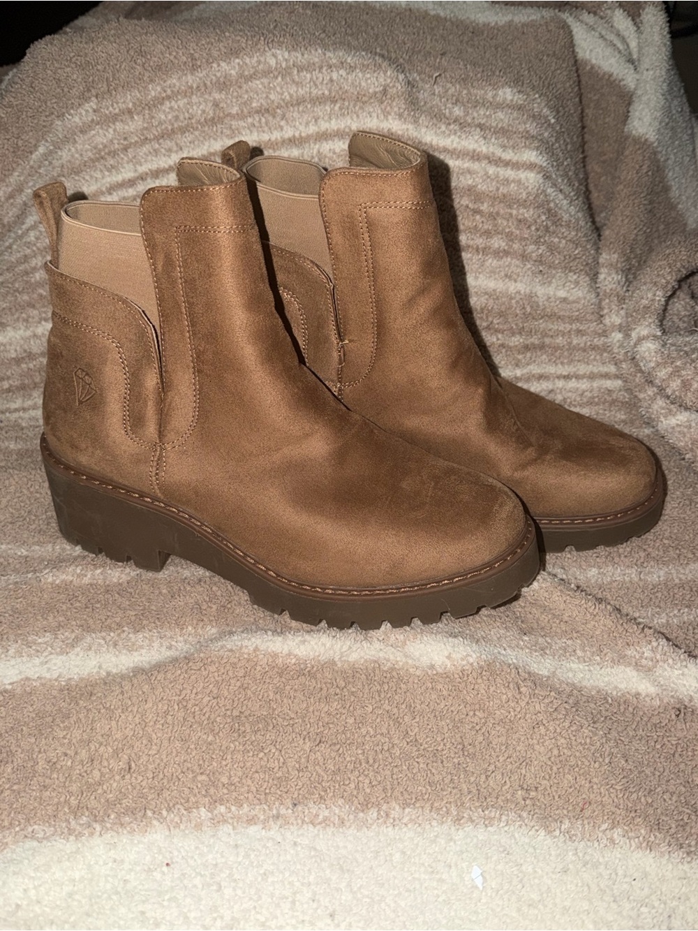 Rock & Candy Tan Brown Suede Chelsea Lug Ankle Boots